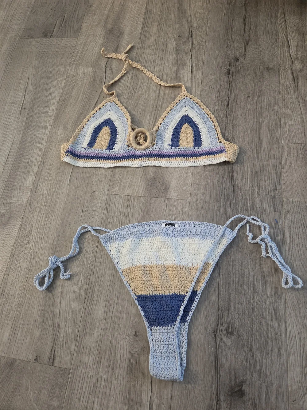 SHEIN Blue & Cream Striped Crochet Halter Bikini
